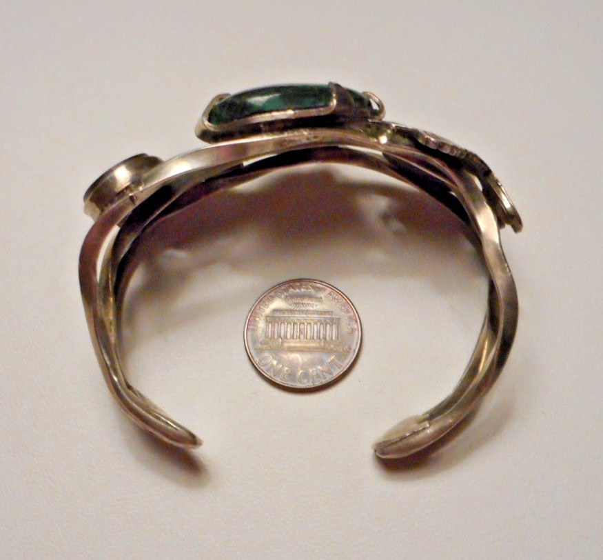 Sterling Artisan Modernist Cuff Bracelet w Chrysocolla Stone & Fish Motifs 49.8g