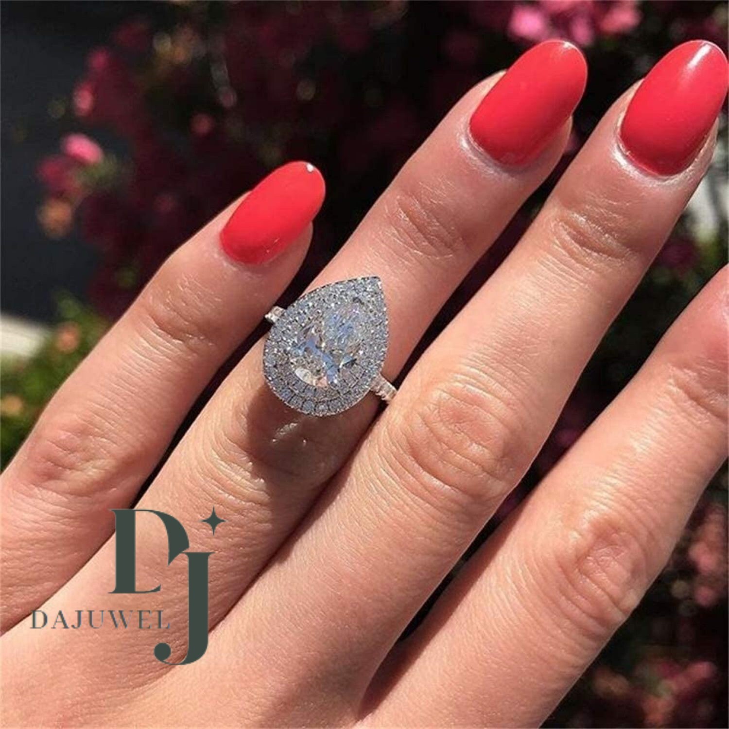 3 CT Pear Cut Moissanite Double Halo Engagement Ring Solid 14K White Gold VVS1