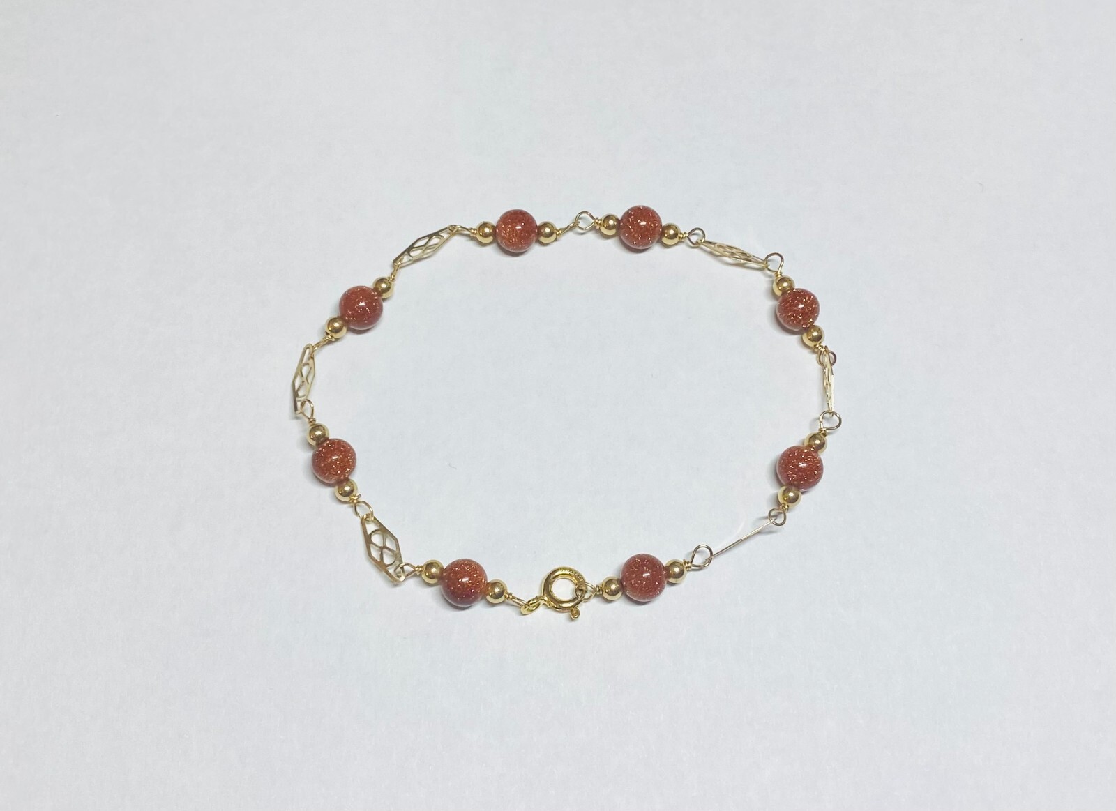 14 Karat Yellow Gold Filled 6mm Brown Goldstone “Venturina” 8in Plaque Bracelet