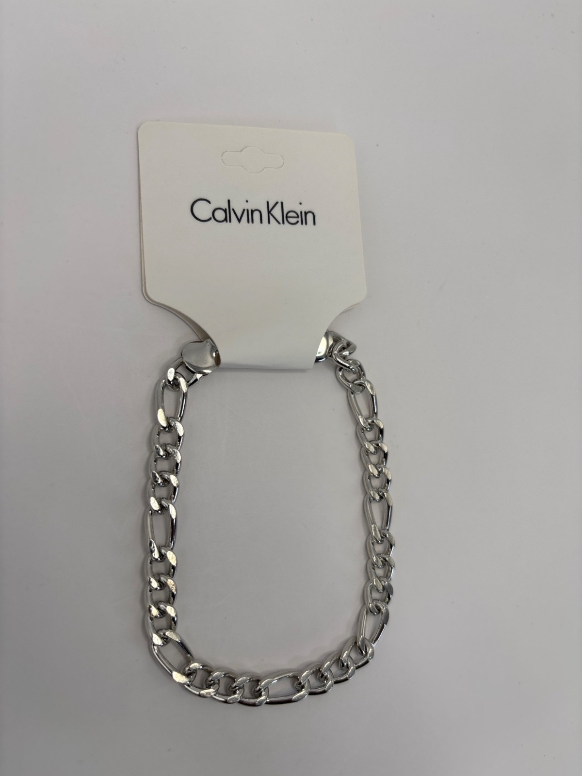 Calvin Klein Mens 14k White Gold Plated Silver Tone Figaro Chain Bracelet NEW