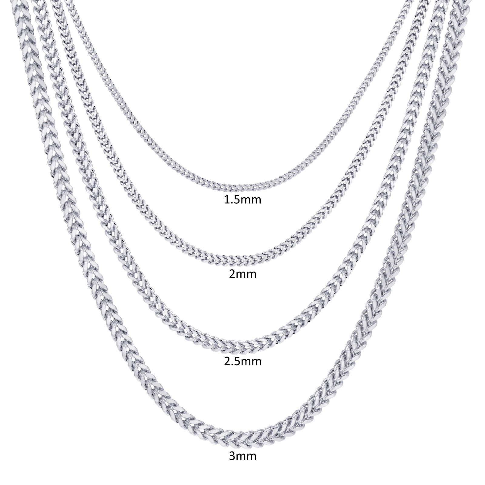 10K White Gold 1.5mm-3mm Square Wheat Box Franco Chain Pendant Necklace 16″- 30″