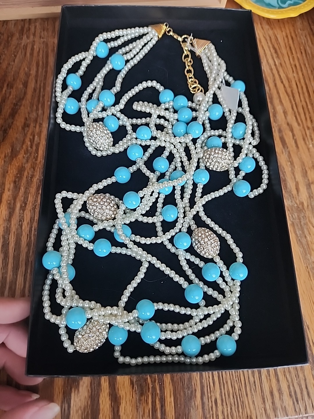 Lovely Joan Boyce Faux Turquoise & Pearl & Crystal Multi Strand 24″ Necklace NIB