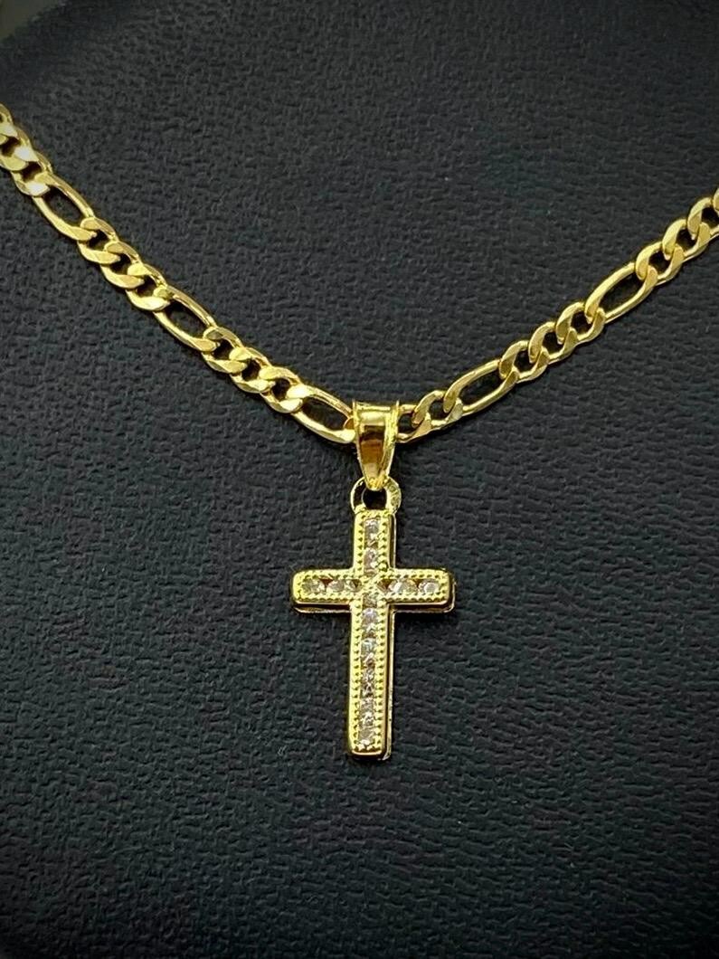 Men Women Cross CZ Pendant 14k Gold Filled Figaro Chain Necklace Baby Kids 17×10