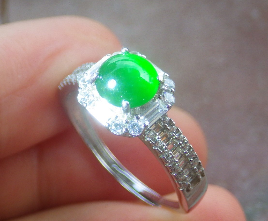 Video Sterling Silver 925 Green A Jade jadeite Cabochon Ring No 8 # 133622 VS