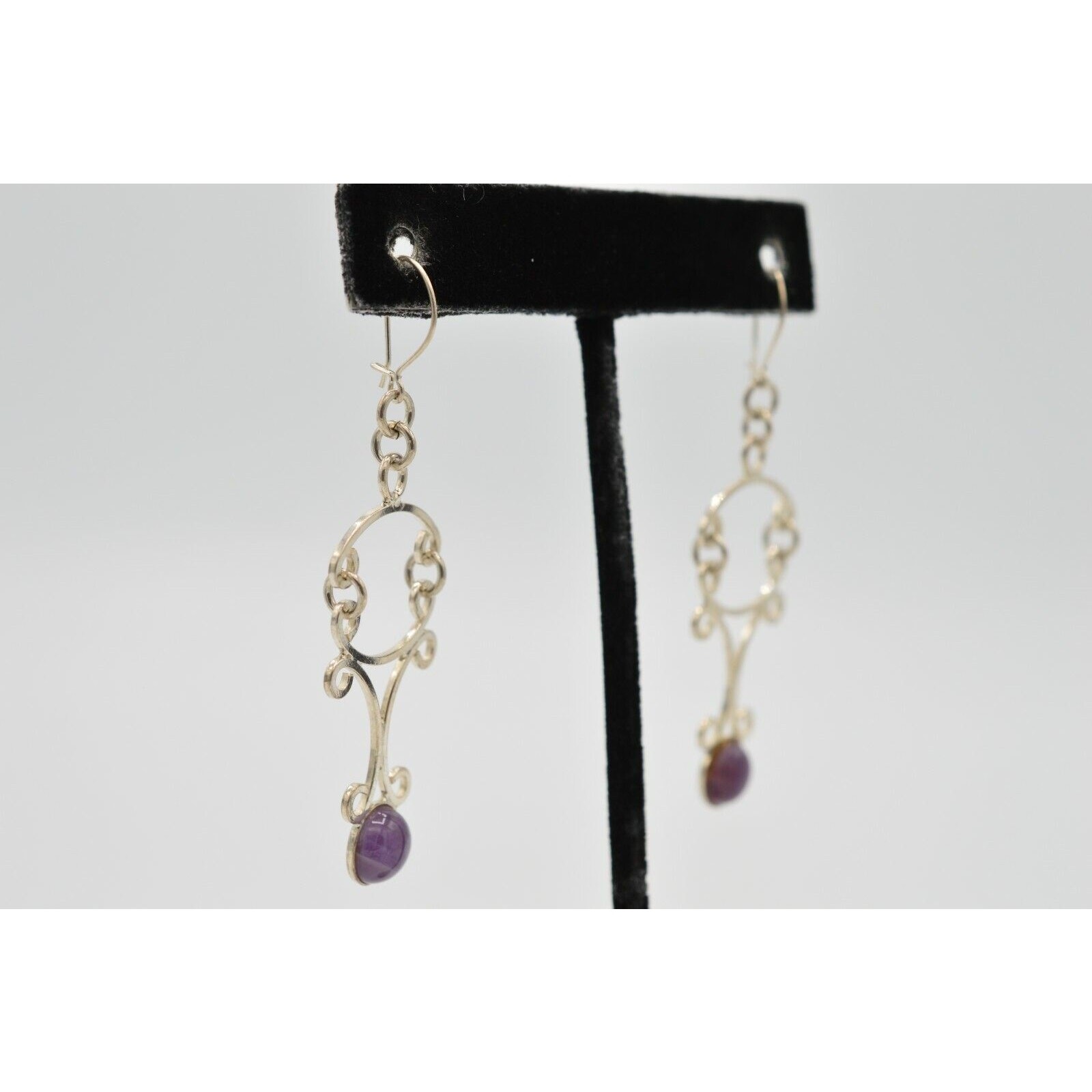 925 Sterling Silver Statement Earrings Dangle Purple Jelly Gripoix Vintage 9E