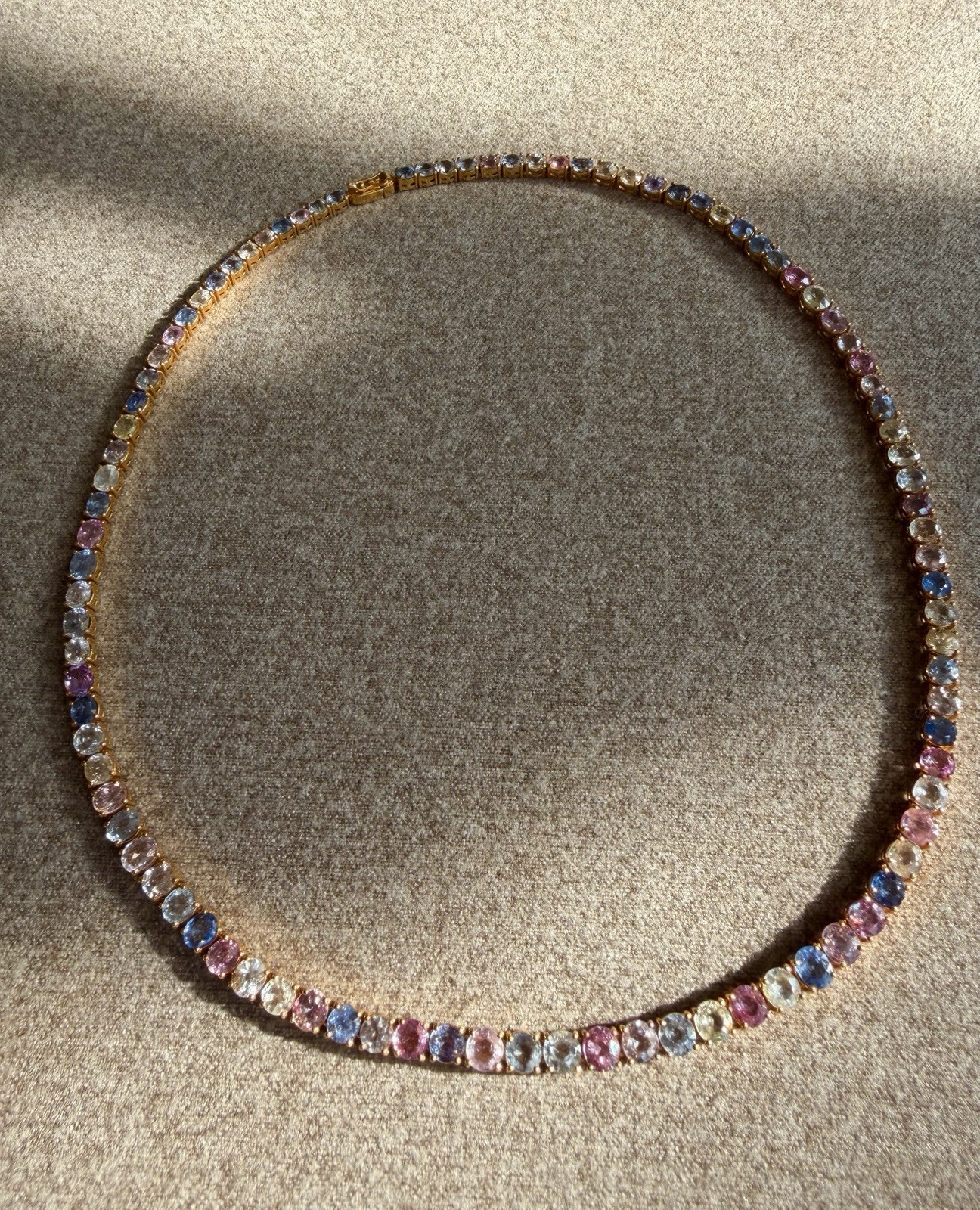 Certified Natural Burma Mogok Multicolor Sapphire 19K Yellow Gold TennisNeckalce
