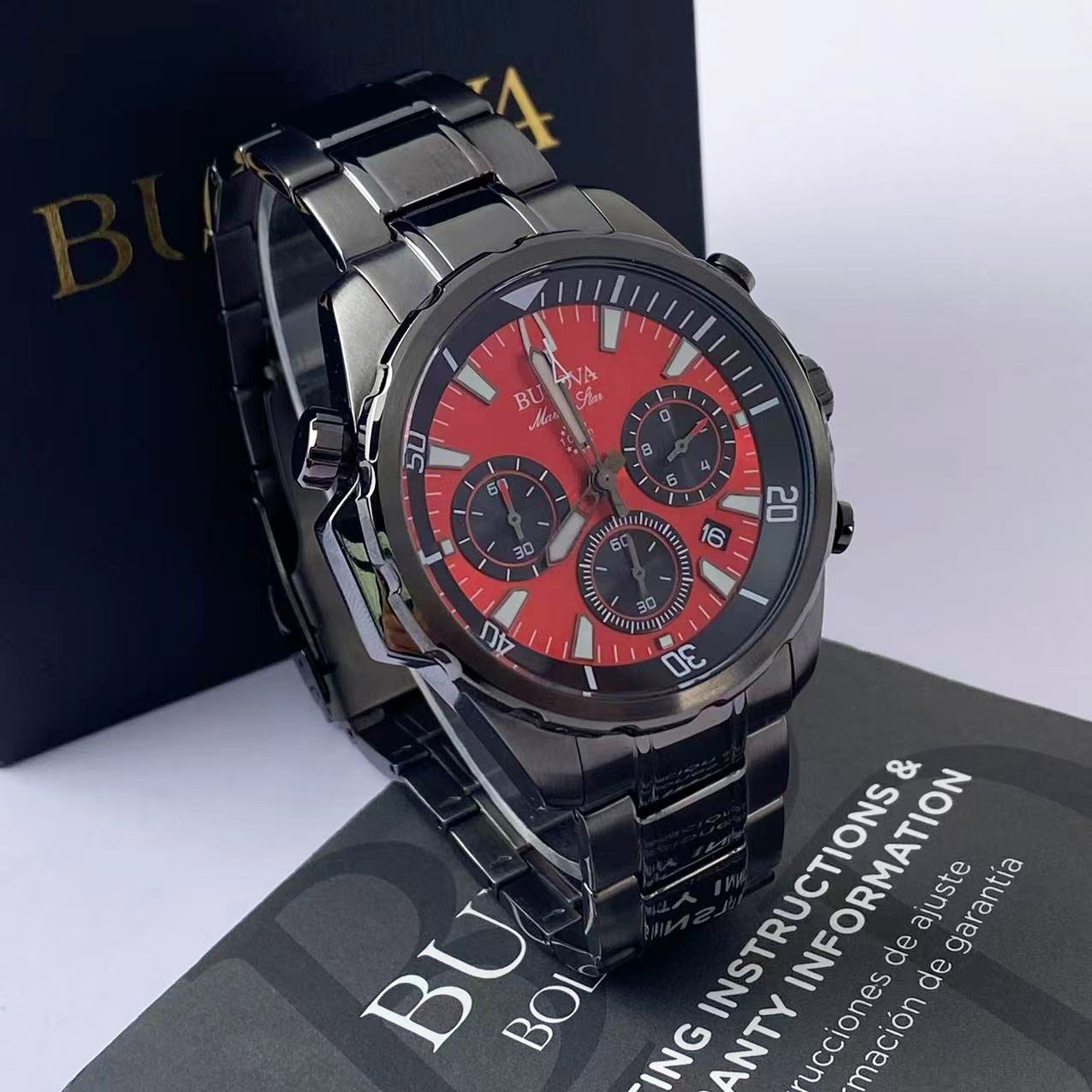 New Bulova Marine Star 98B350 Red Dial Men’s Chronograph Quartz Watch 43 mm