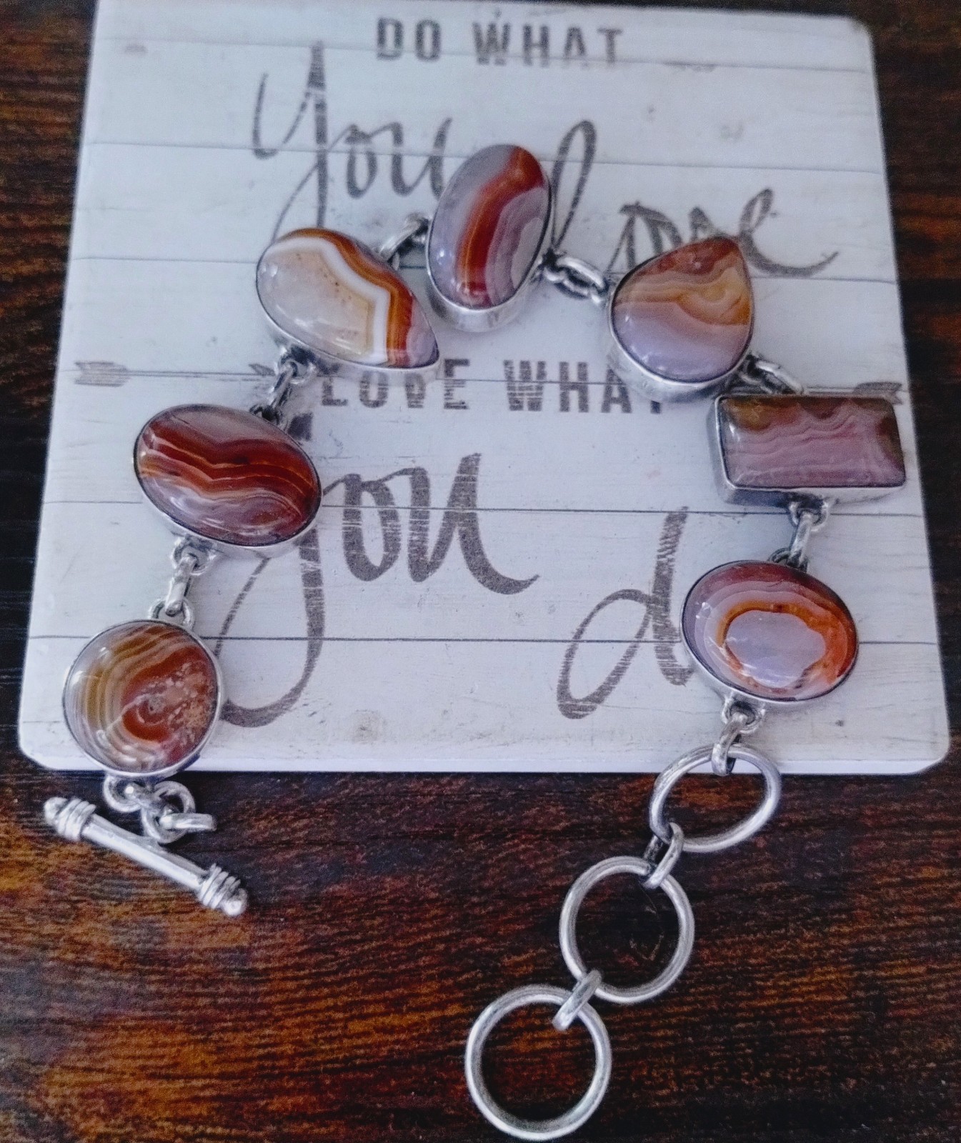 Natural SJ Red Banded Agate Stone Sterling Silver Sajen Toggle Bracelet 7-9in