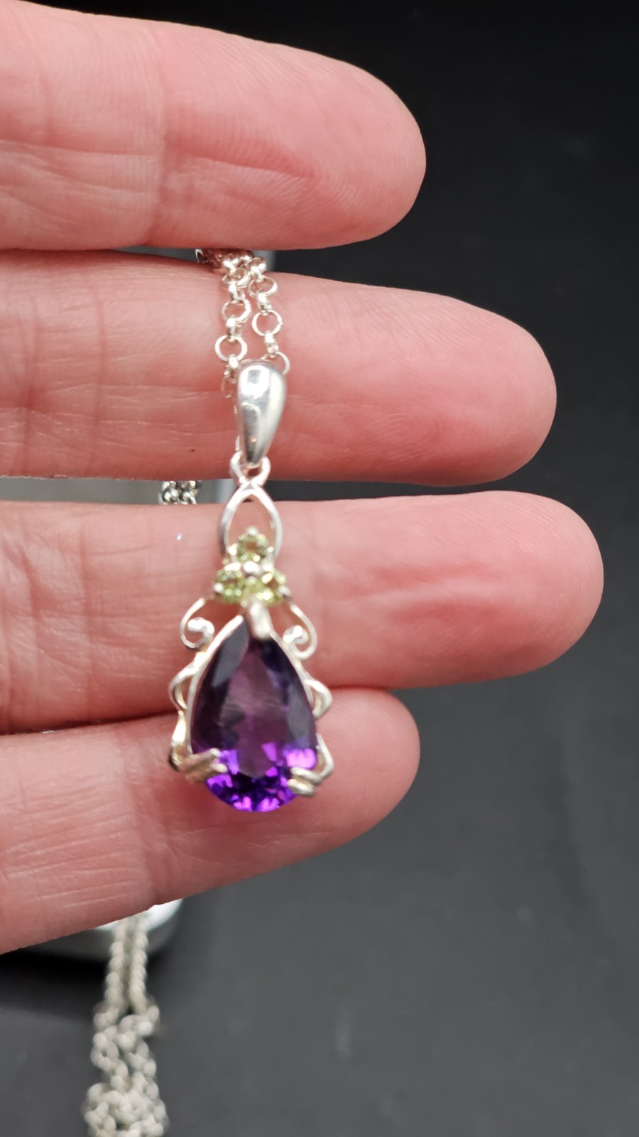 925 Sterling Silver Amethyst Peridot Necklace Pear Pendant 18in Chain 7.36g