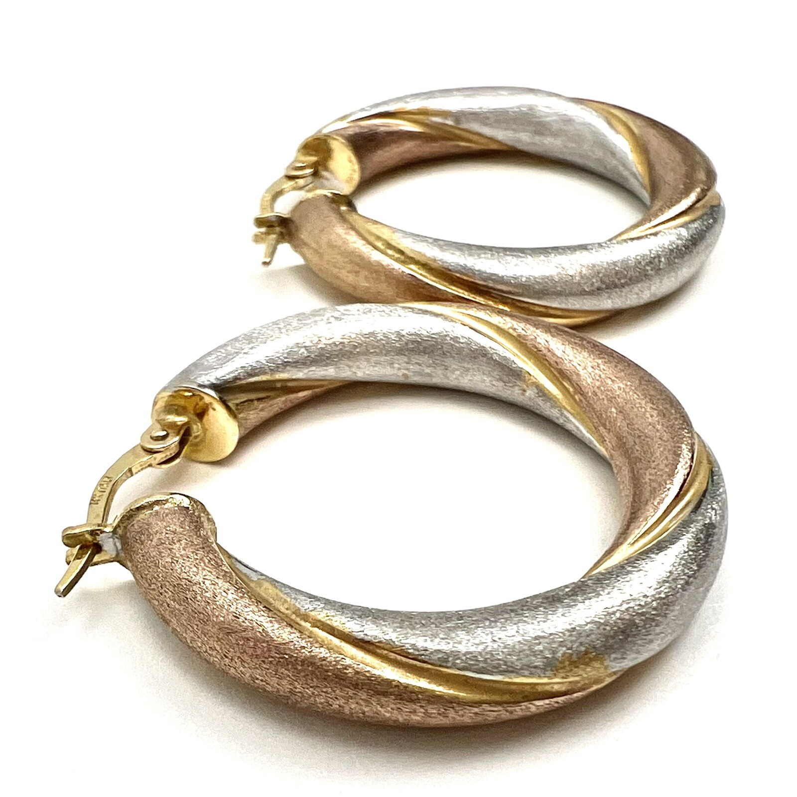 Satin Brushed Texture Hollow 14k Gold Italy Tri Color Hoop Earrings 4.82 Grams