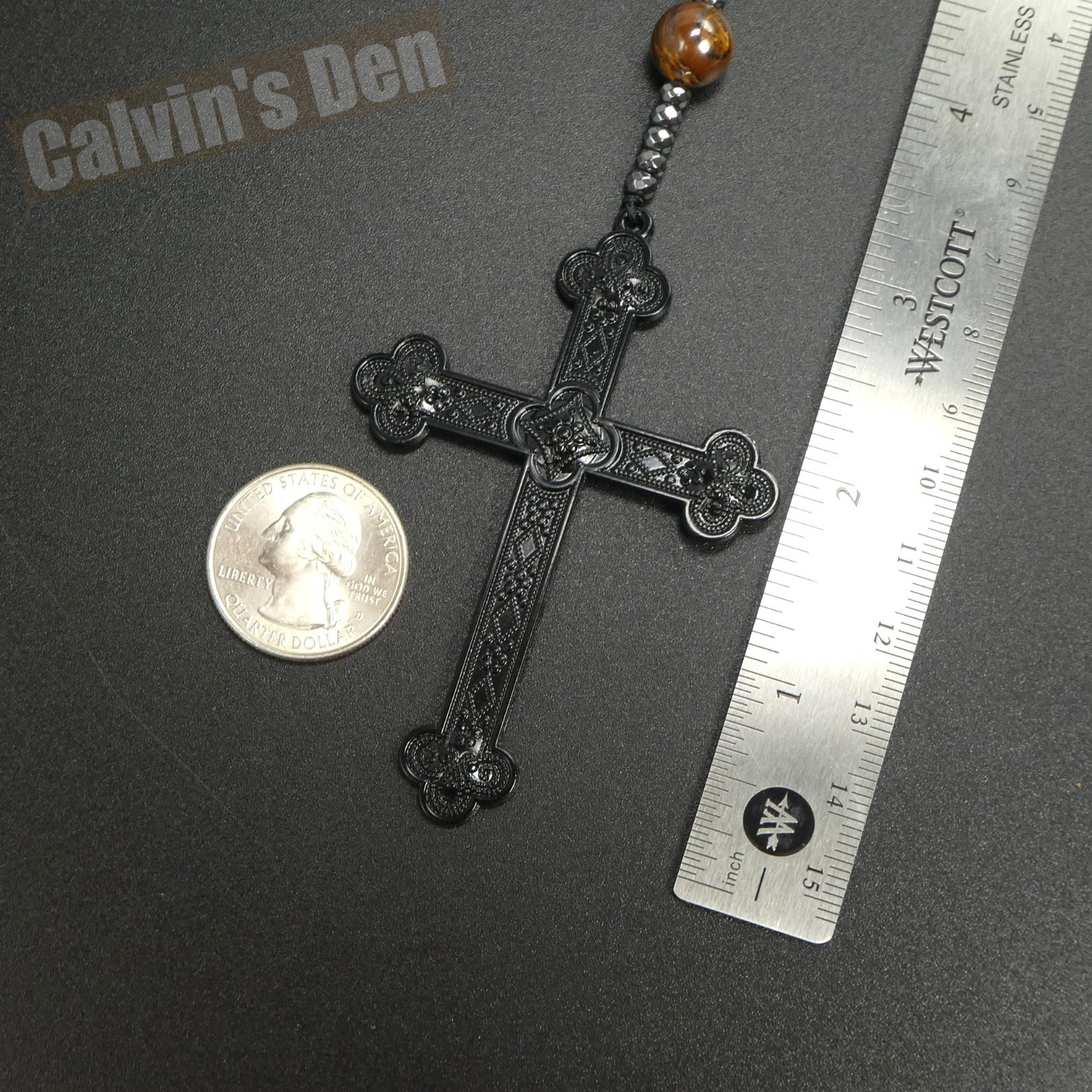 Large Gothic Punk Cross Pendant Tiger Eye Black Onyx Beads Rosary Necklace Men