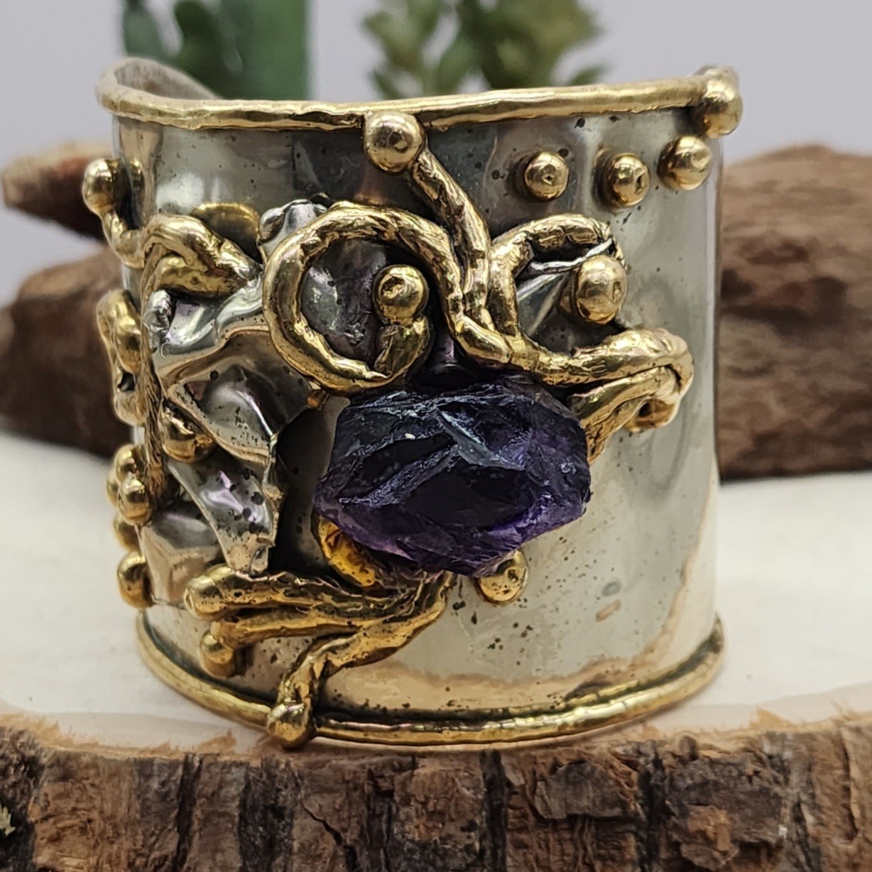Copa Collection Brutalist Chunky Mixed Metal Raw Amethyst Sz6 3″ Wide Cuff 93g