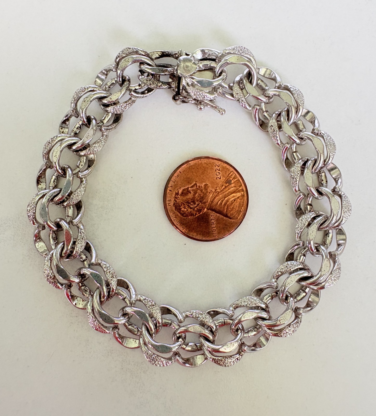 Vintage Elco Sterling Silver Charm Bracelet Double Rings Safety Lock 7-1/4″