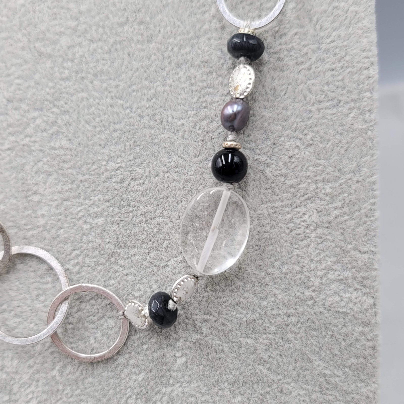 Black Gray White Beaded Necklace Silver tone Links Long 30 in