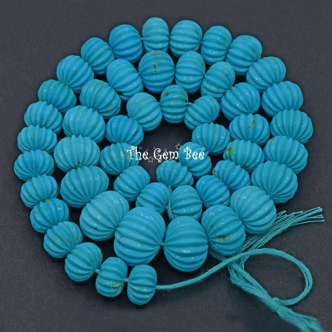 10.3MM-16MM Kingman Turquoise Hand Carved Melon Fluted Rondelle Bead 16.5 inch