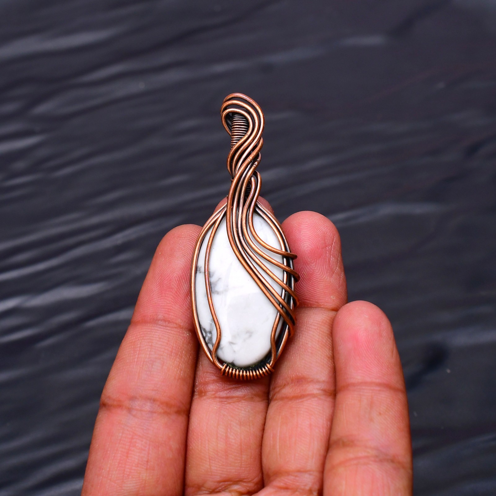 Howlite Gemstone Copper Wire Wrapped Handmade Jewelry Pendant 2.28″