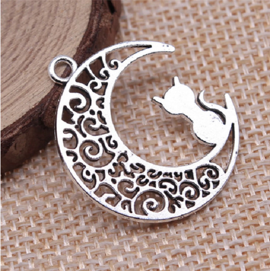 CRESCENT MOON CAT KITTEN pendant charm German Silver 18″ Necklace Women gift