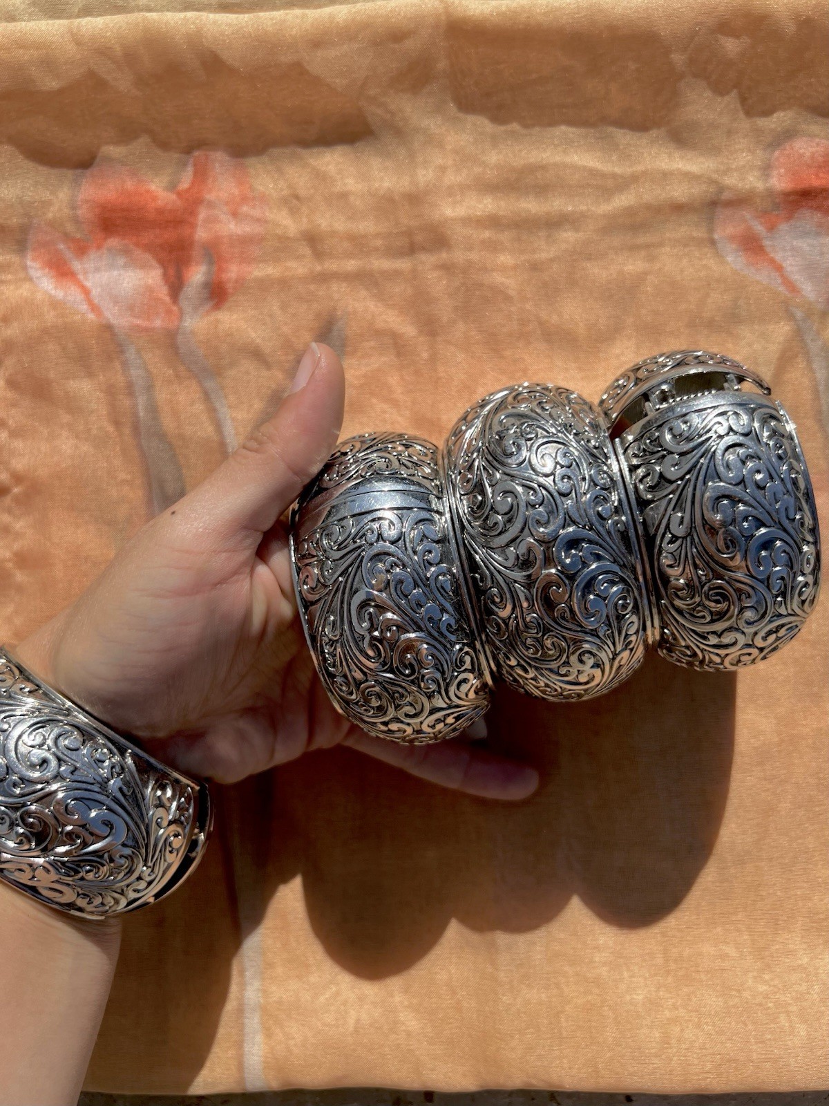 Vintage Ornate Engraved Silver-Tone Hinged Cuff/Bangle Bracelets