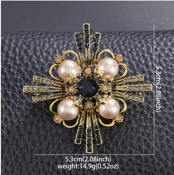 BROOCH- Vintage Style Brooch with Inlaid Rhinestones and Imitation Pearls