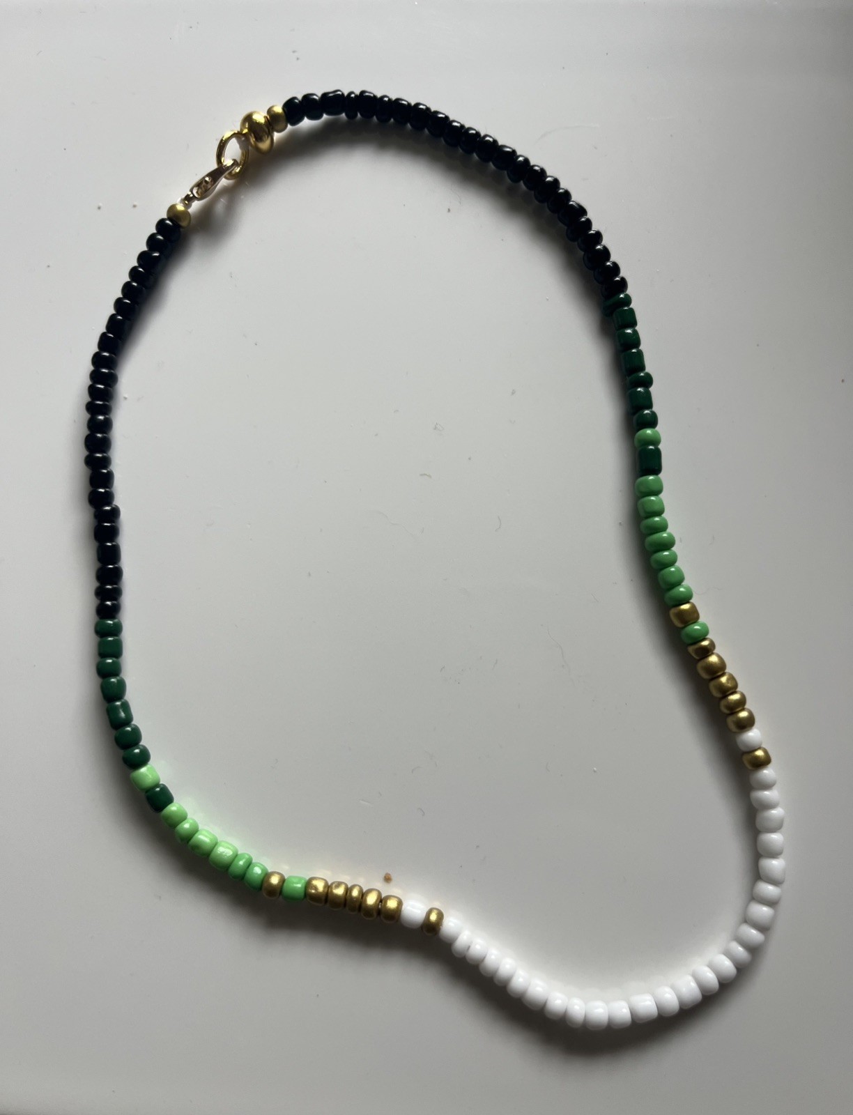 The Gilded Fern – Green/black/white Handmade glass seed bead Choker Necklace 16”