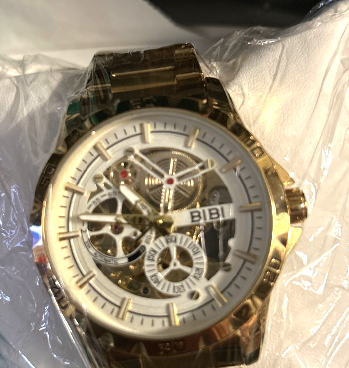 BIBI Automatic Skeleton Watch Gold Tone Stainless Steel NEW w/ Tags Luxury Style