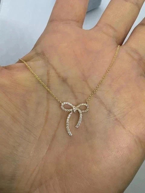 1 Ct Round Cut Real Moissanite Ribbon Bow Shape Pendant 14K Yellow Gold Plated