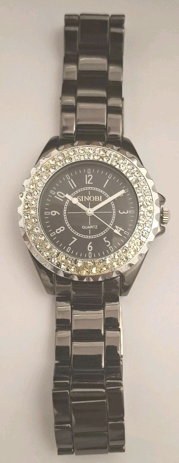 Sinobi Ladies Gunmetal Watch Crystal Bezel Black Dial Quartz New Boxed