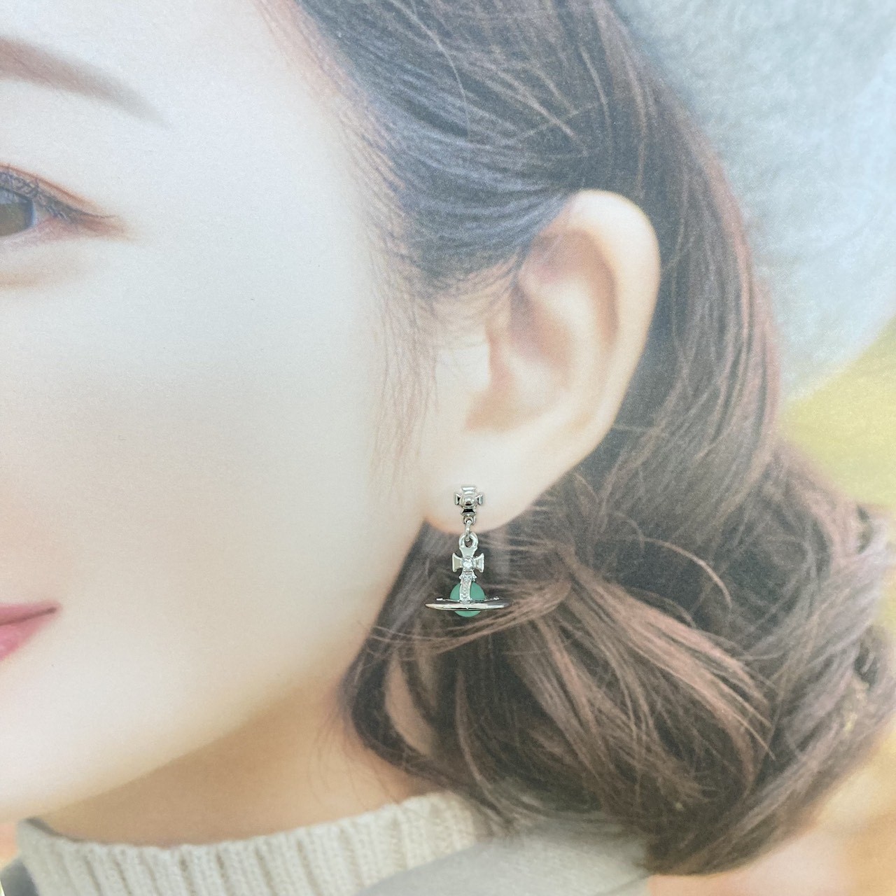 Vivienne Westwood Earrings Petite Orb Silver Light Green 2.5 x 1.4cm NO BOX