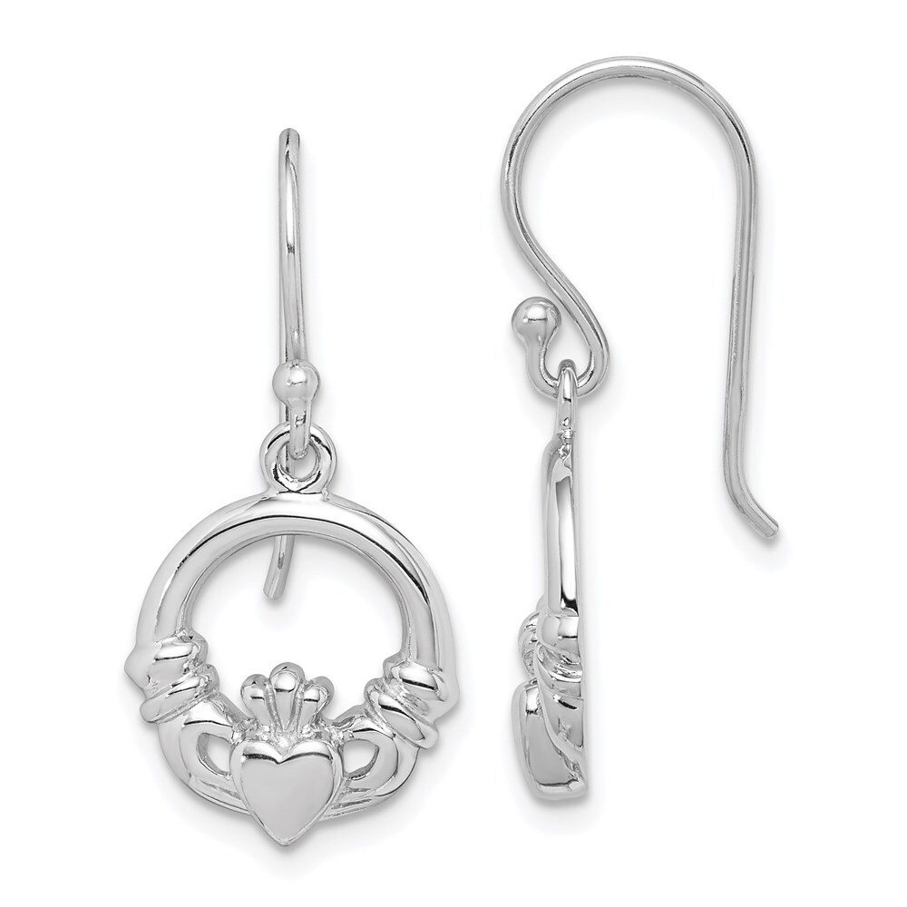 28.41mm Sterling Silver Rhodium Plated Claddagh Dangle Earrings