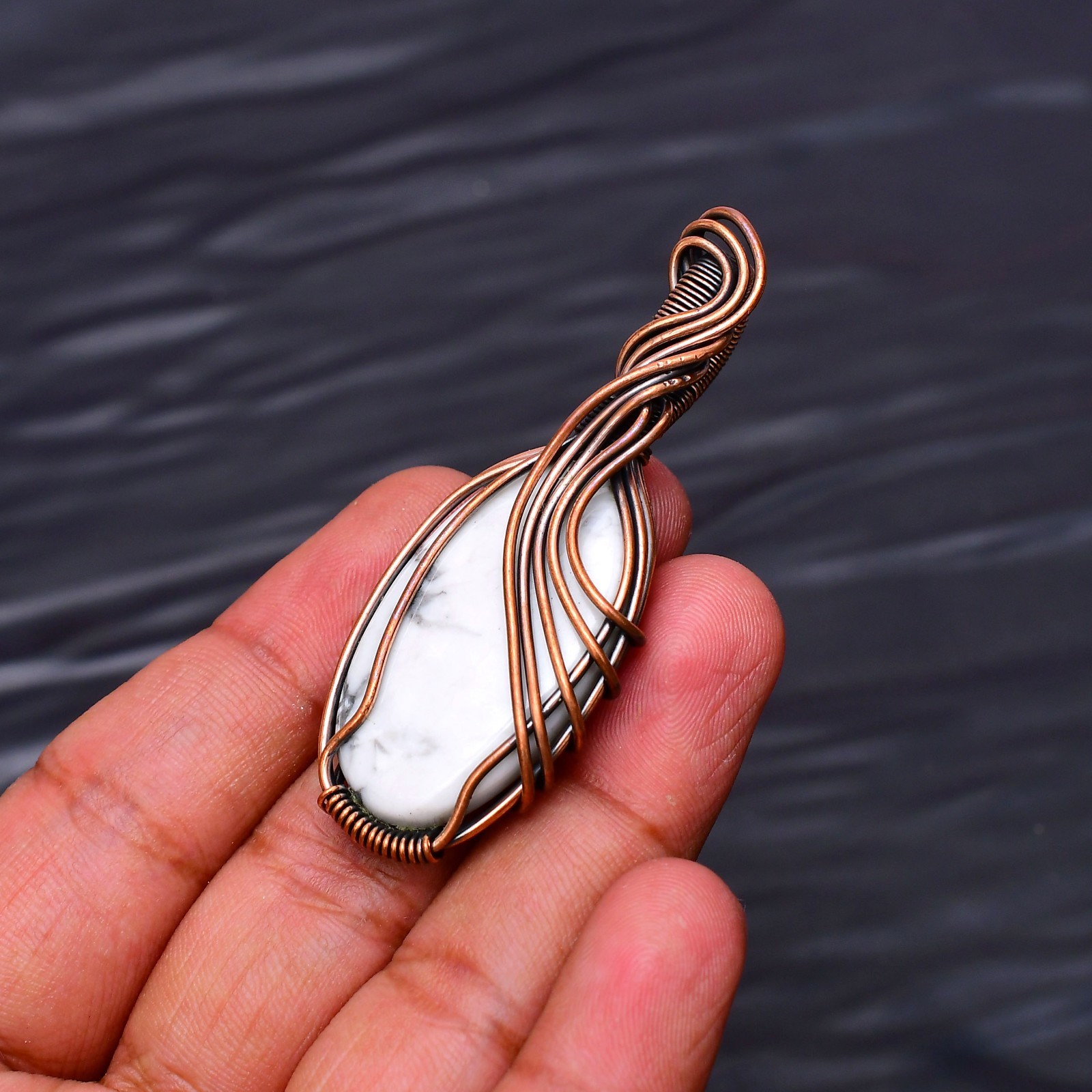 Howlite Gemstone Copper Wire Wrapped Handmade Jewelry Pendant 2.28″