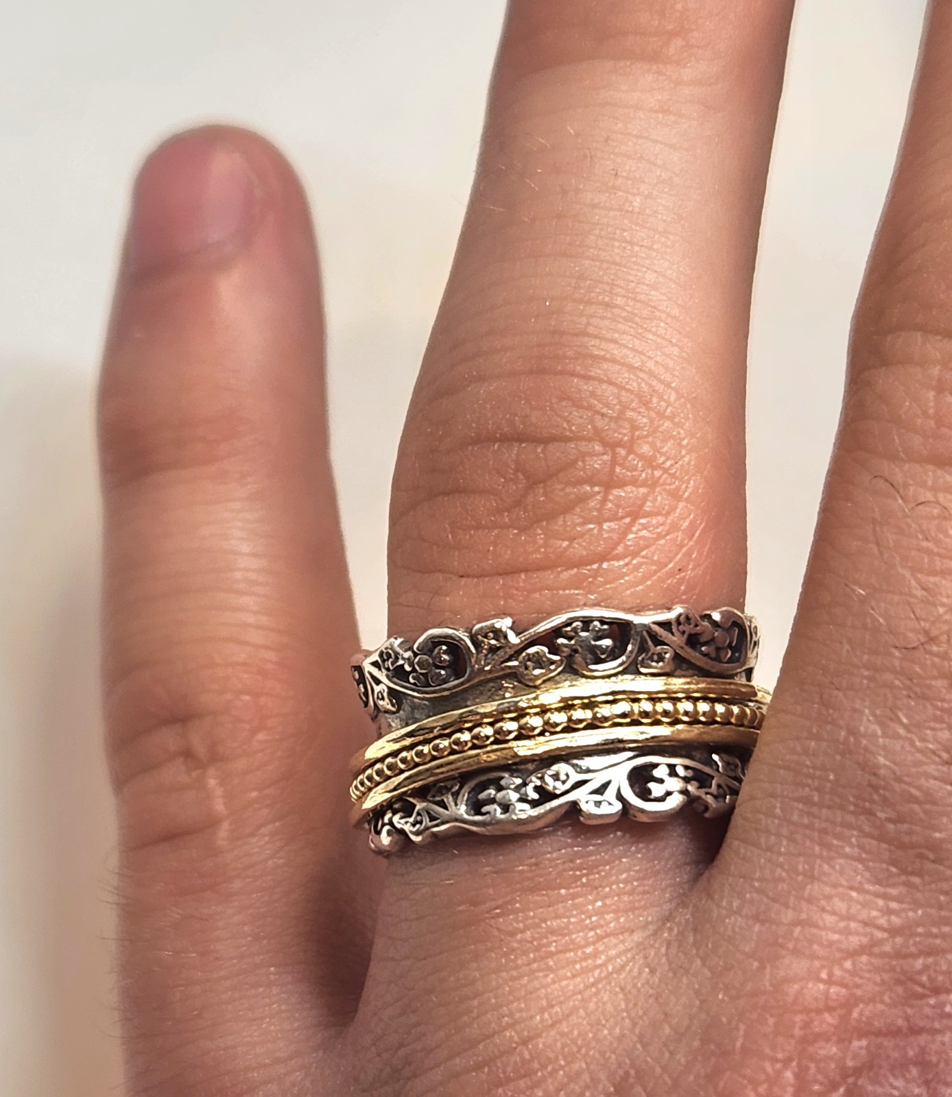 Paz Creations Sterling Silver Lace & Gold Plated Spinner Ring Sz 8 925 ISRAEL PZ