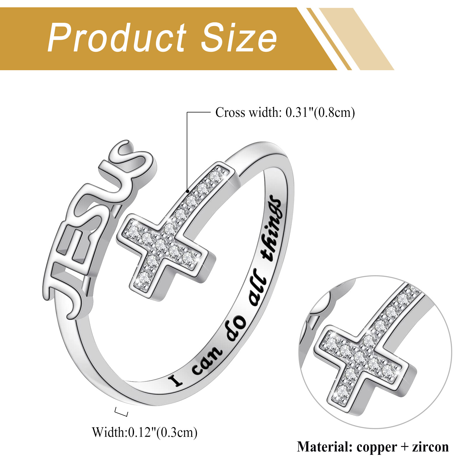 Women Christ Cross Jesus Ring I Can Do All Things Engraved Adjustable Open Band