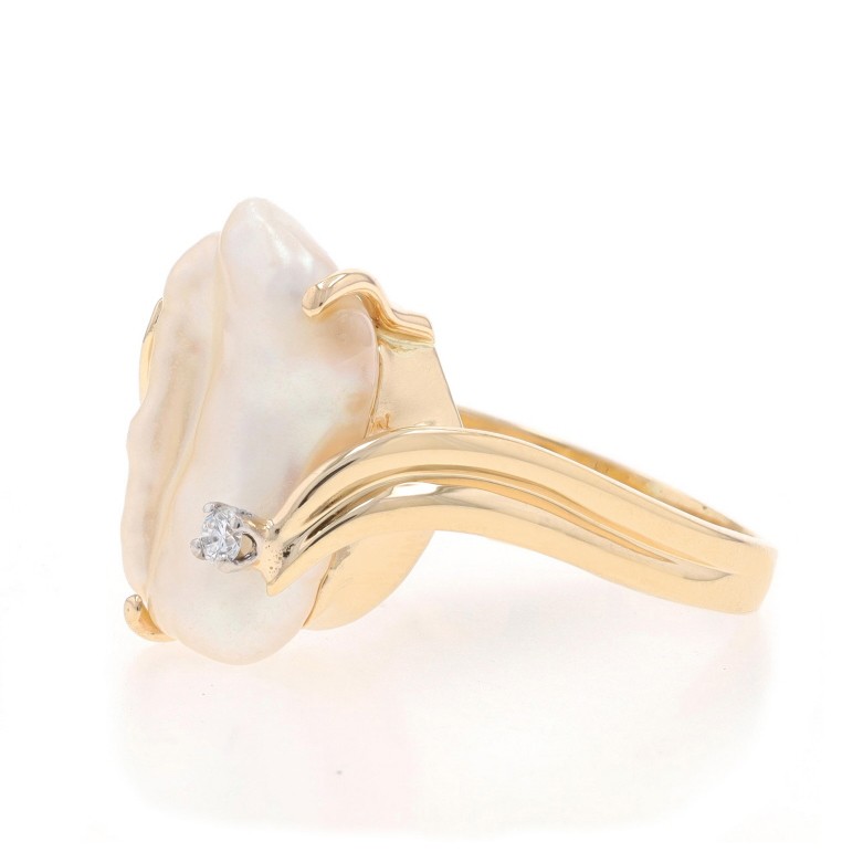 Yellow Gold Baroque Cultured Pearl Diamond Bypass Ring – 14k
