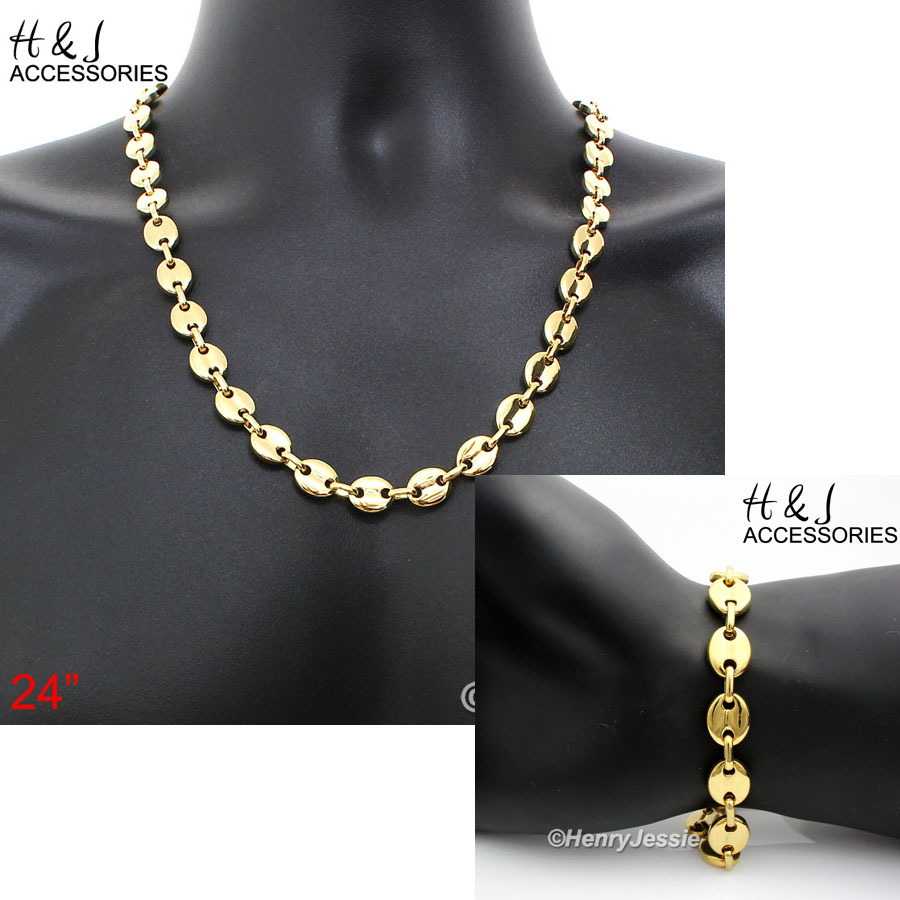 24″Stainless Steel 10x3mm Gold Plated Puffed Mariner Link Necklace Bracelet*S139