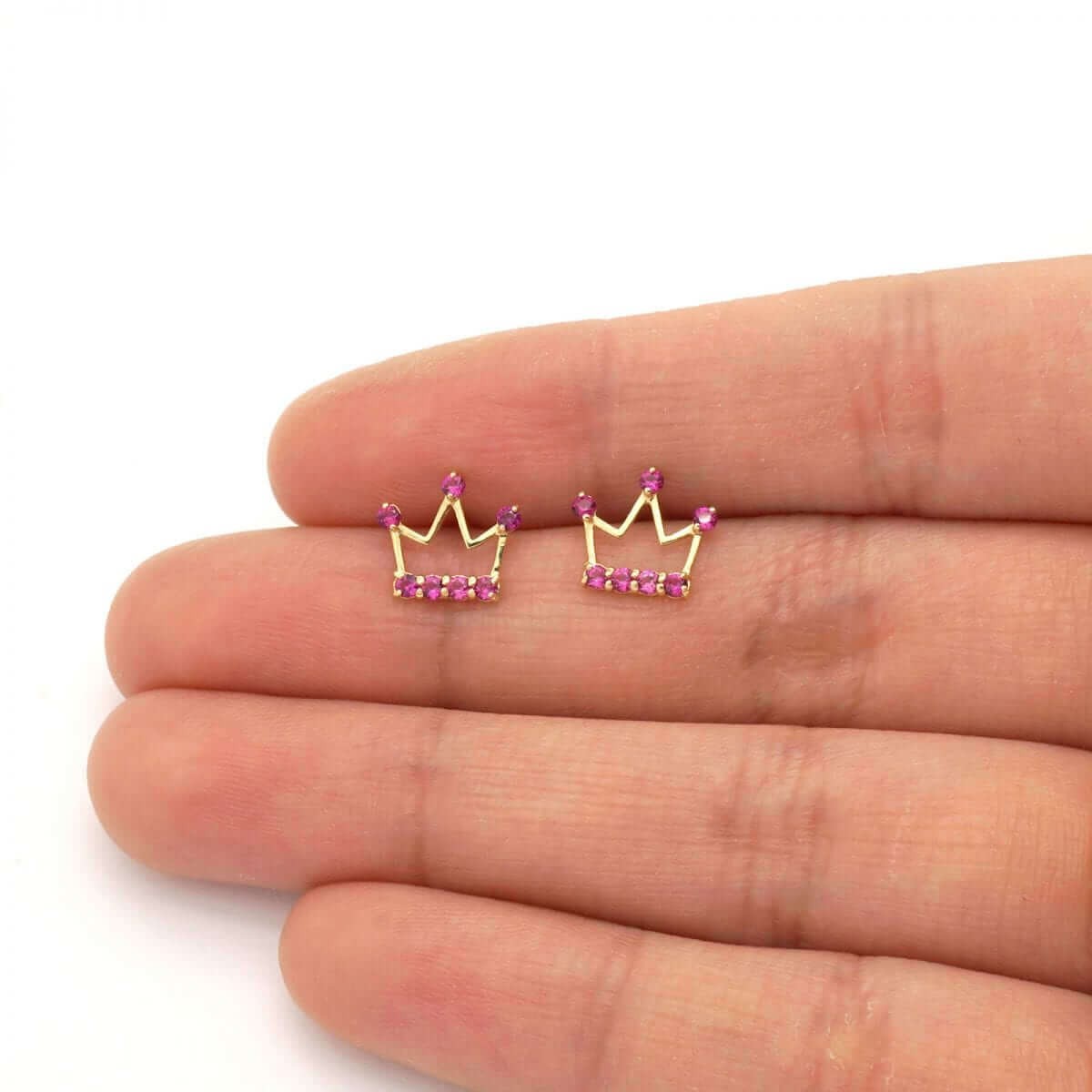 Ruby Pink Tourmaline Zircon Crown Stud Screwback Kid Earrings 14k Yellow Gold