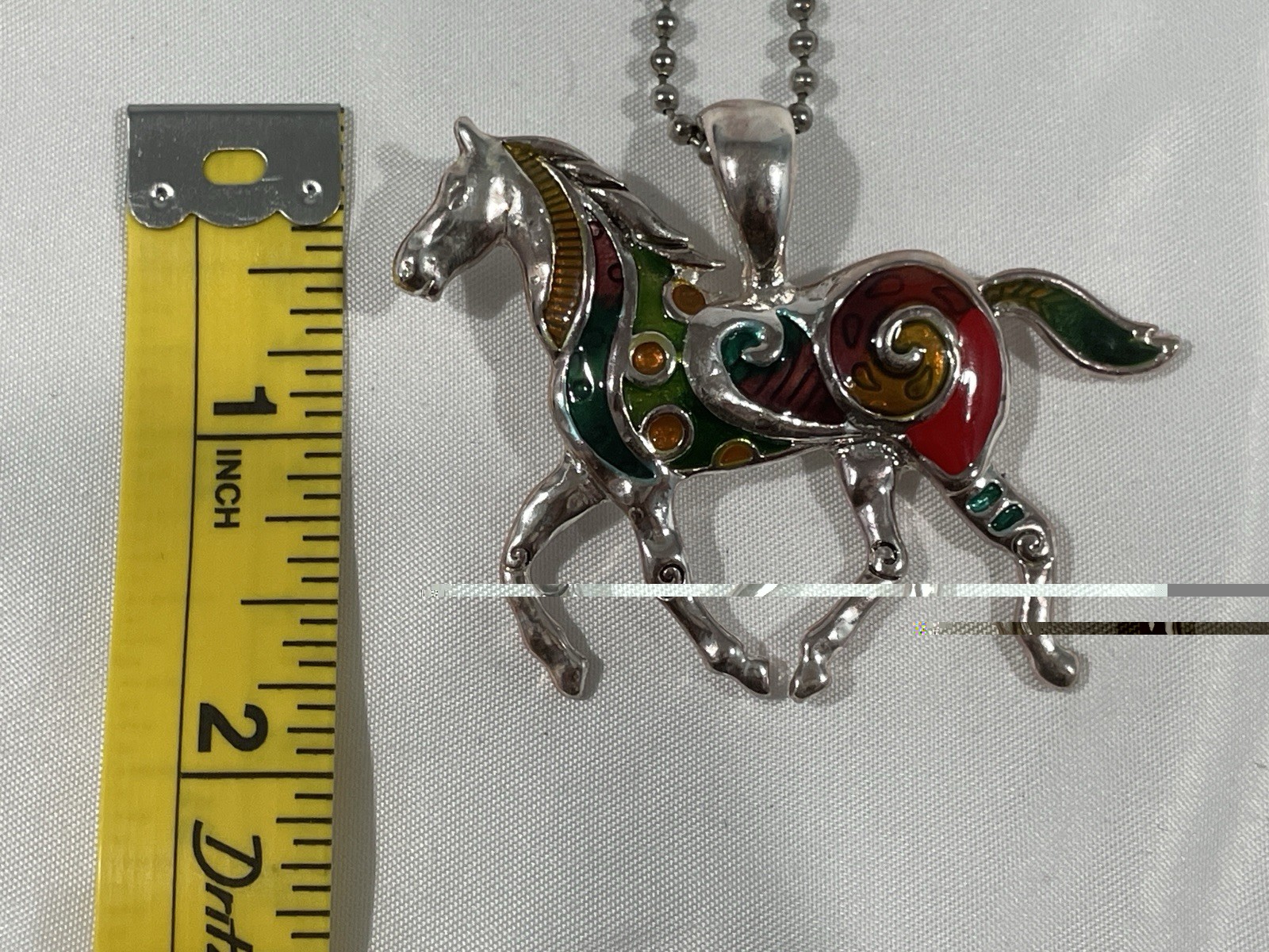 Silver Tone Horse Charm Pendant Necklace, Ball/Bead Chain, Multicolor Enamel