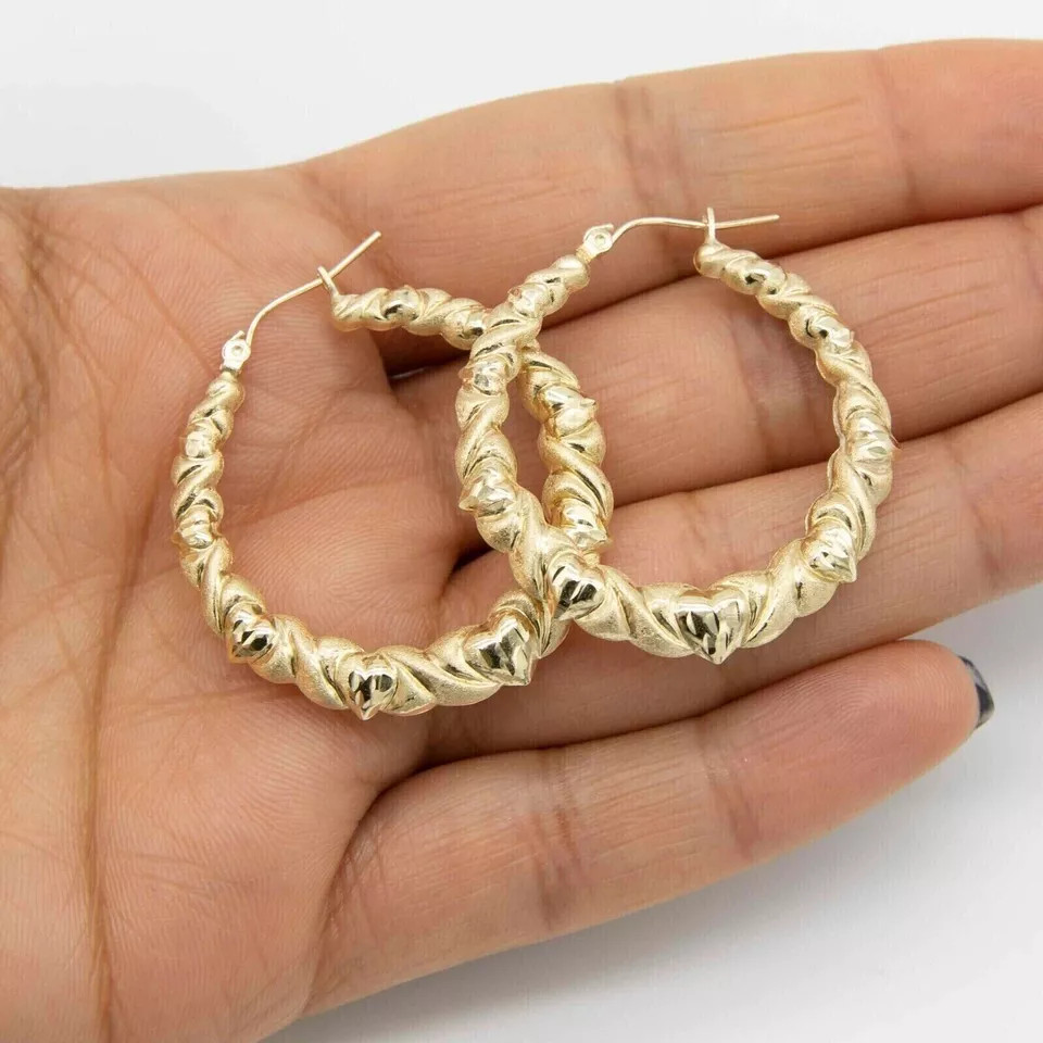 Plain Polished Twisted & Hearts 30mm Hoop Earrings in 14K Yellow Gold Plated
