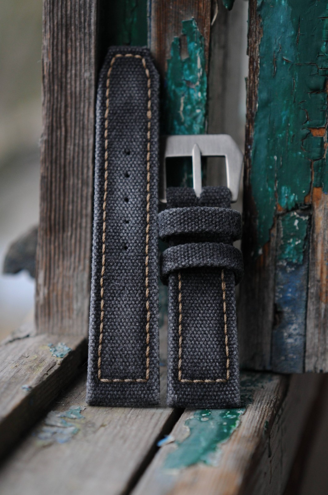 24/22 Distressed Black handmade rolled canvas watch strap Ready-Made US-DutyPaid