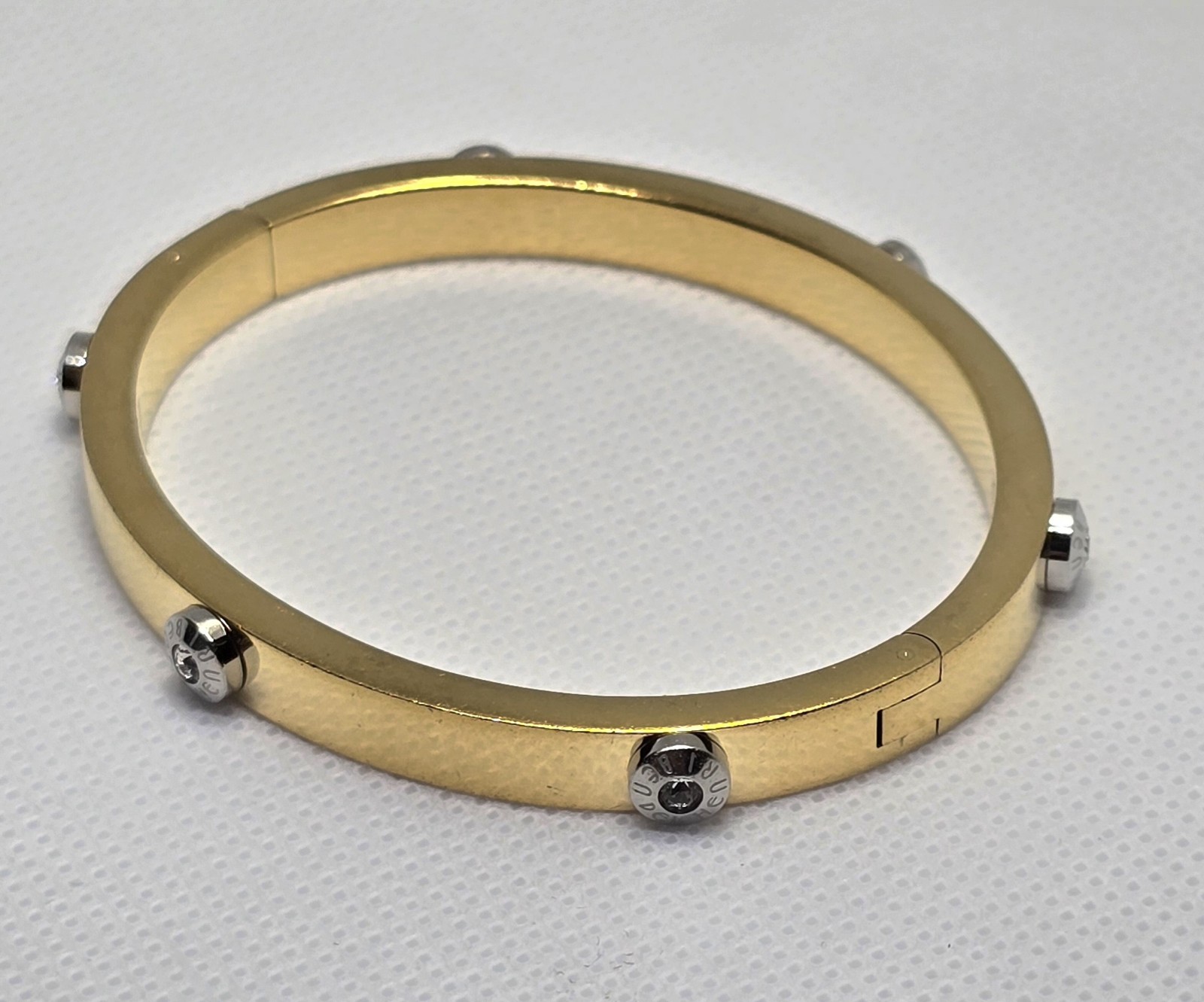 HENRI BENDEL New York Gold Tone Crystal Screw Hinged Bangle Bracelet Signed