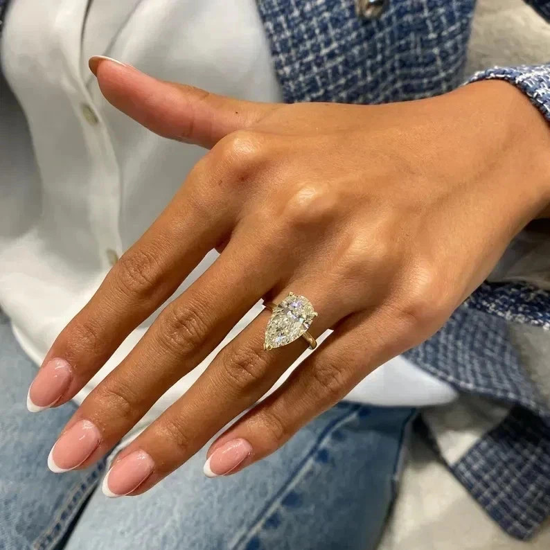 3Ct Pear-Cut VVS1 Moissanite Solitaire Engagement Ring 14K Yellow Gold Plated