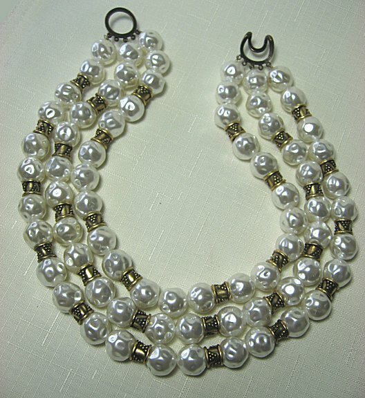 Triple Strand Brass & Large Costume Pearl Necklace 16 1/2″ long