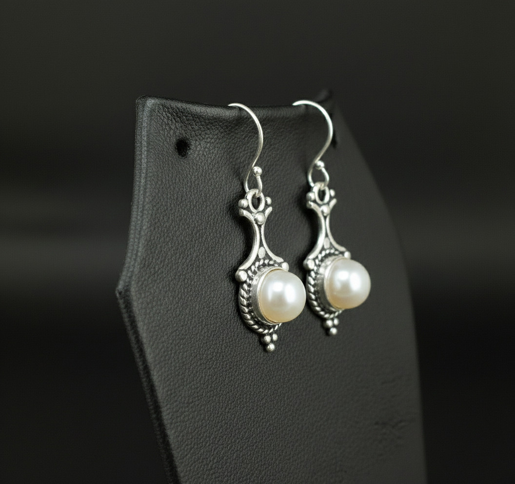 Pearl Gemstone 925 sterling silver handmade Dangle Drop Earrings 1.60″