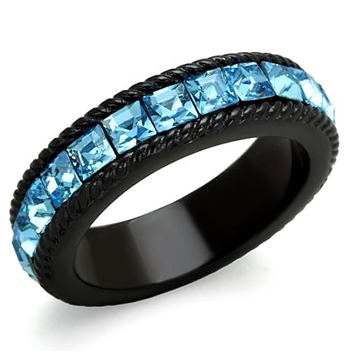 Women’s Ring Band, Sea Blue Top Grade Crystal, Black Plated, Stainless Steel