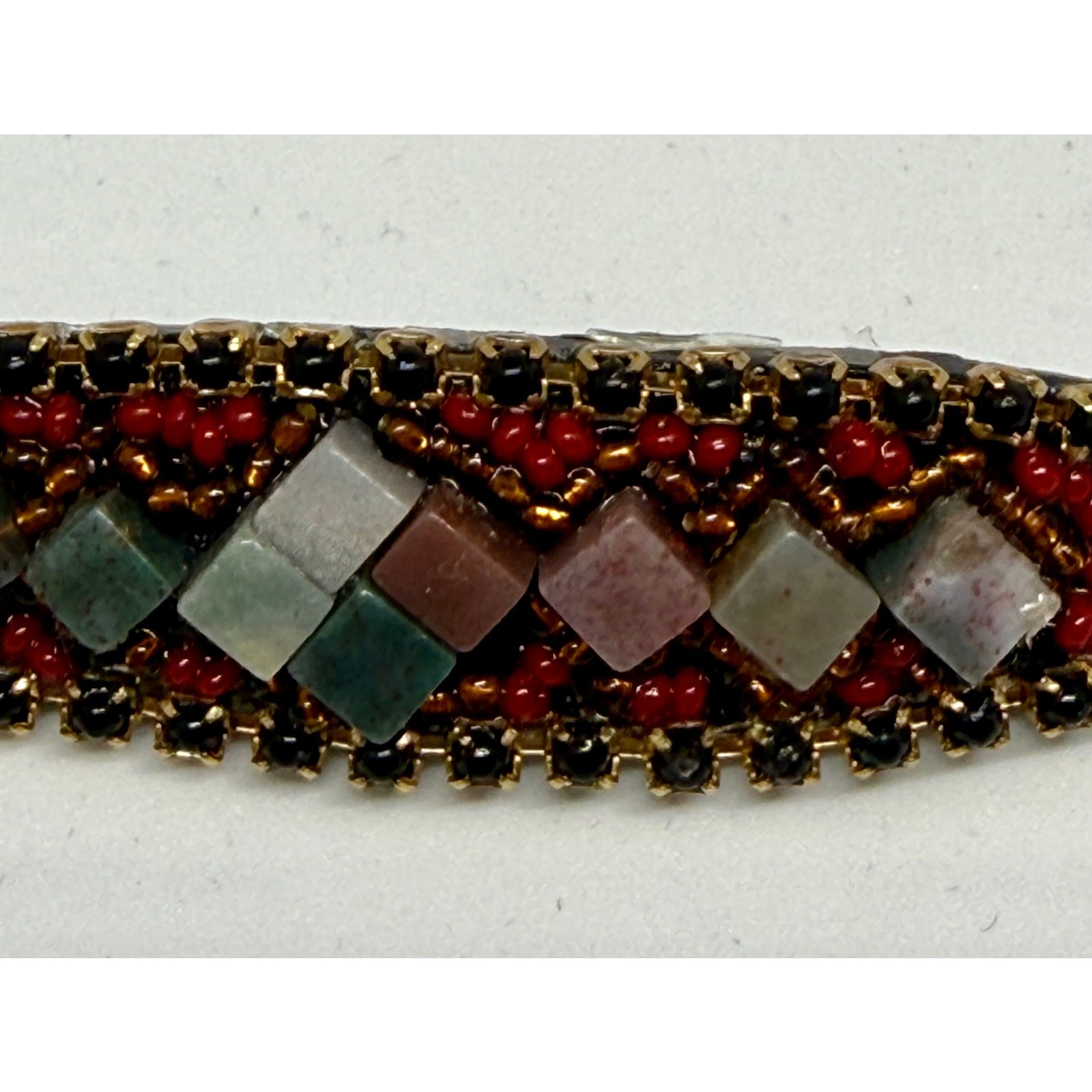 VINTAGE Hickham 1999 Hand Beaded Natural Stone Brooch Artisan Seed Bead Pin Boho