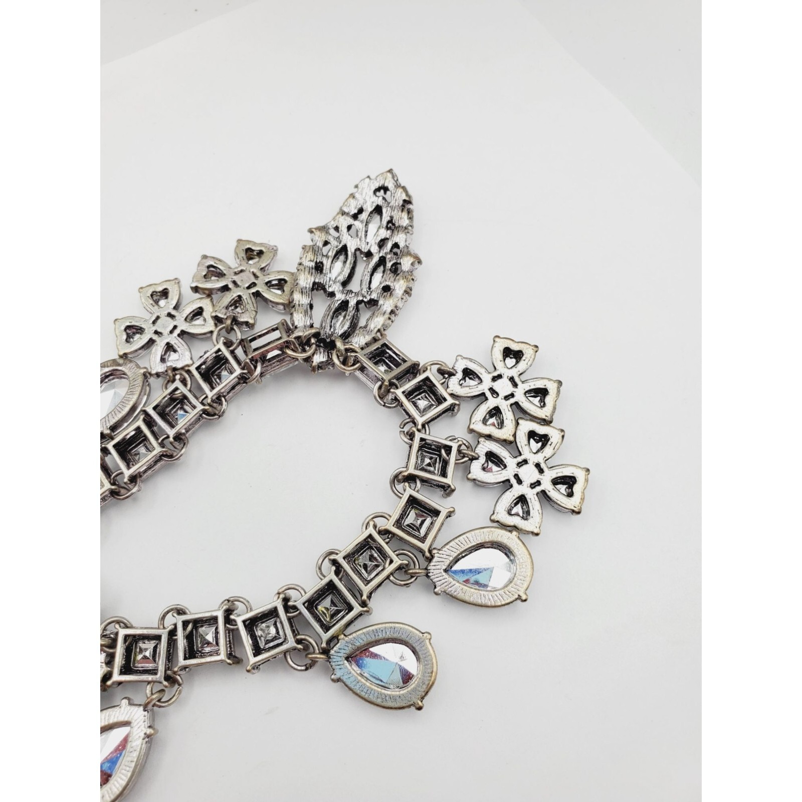 Statement silver tone Rhinestone flower square tear drop pear Necklace 18″