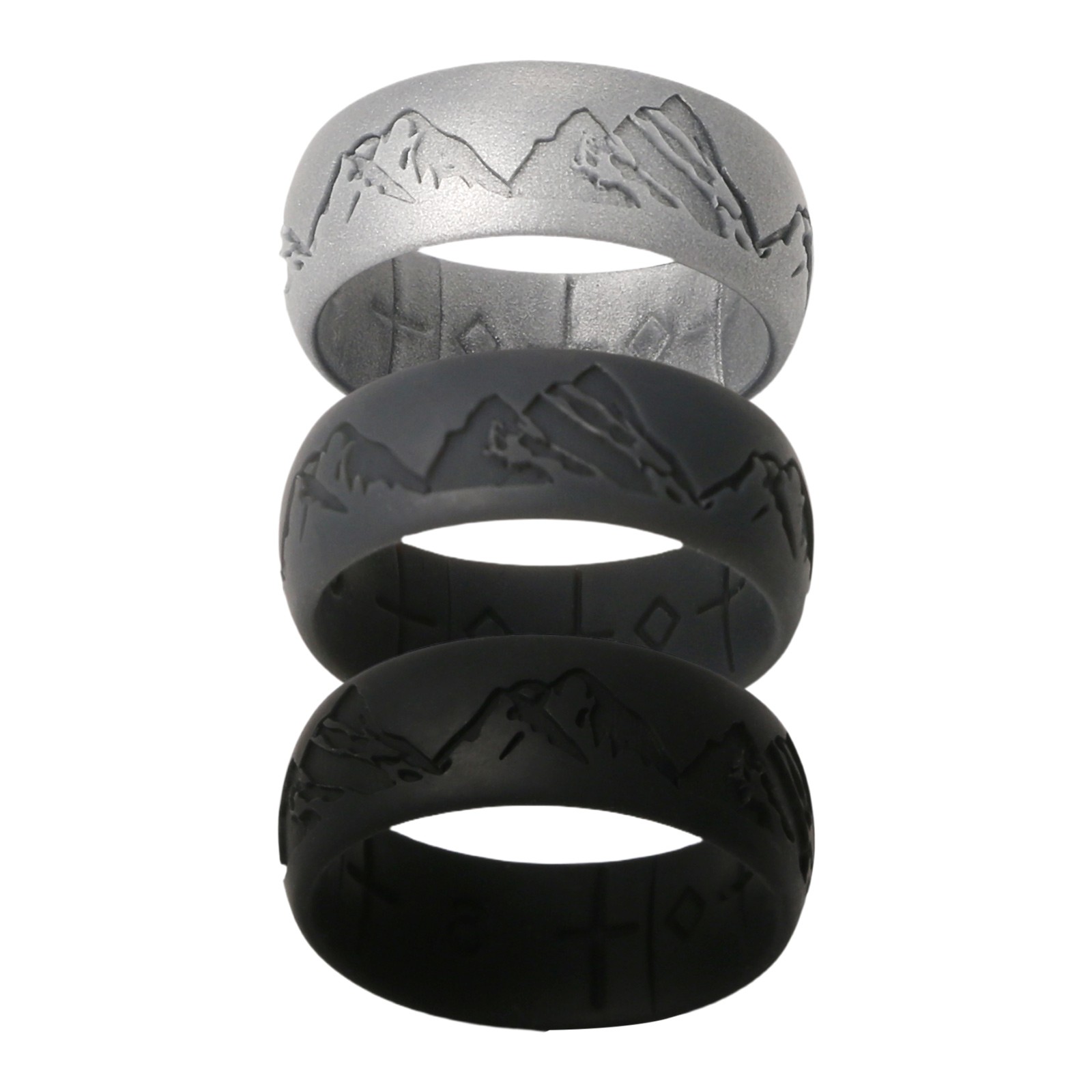 4 Pack Men’s Silicone Mountain Pattern Wedding Ring Inside Cross Arch Band #8-12