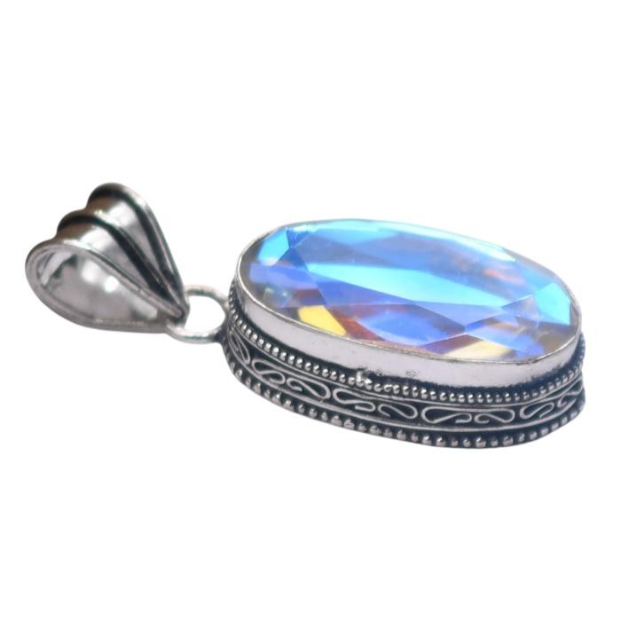 Mystic Topaz Hydro Gemstone Antique Silver Plated Pendant 2″ J 2021