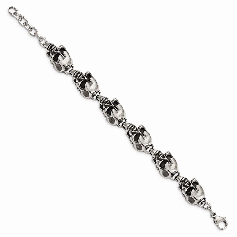 Stainless Steel Antiqued Skulls 8.5in Bracelet