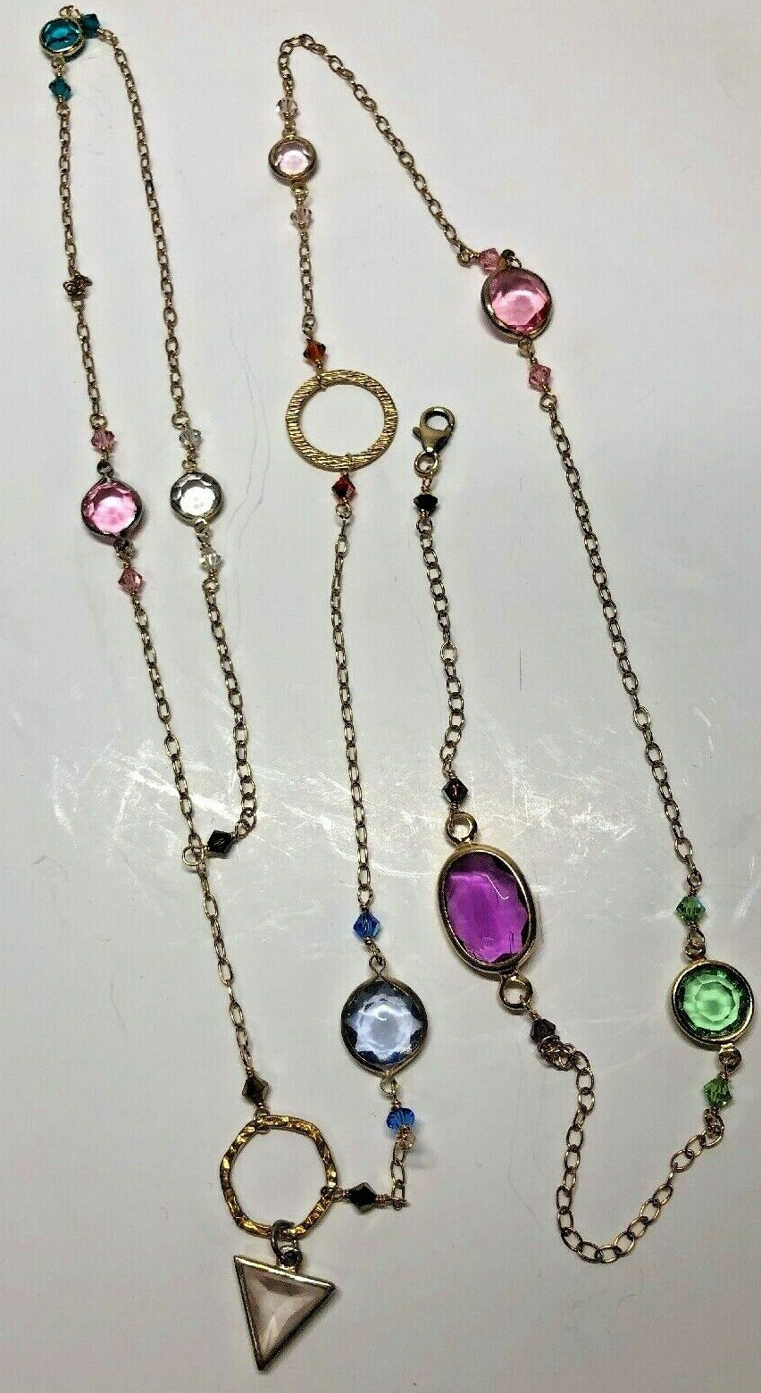 Necklace Gold Tone 42” With Emerald,Pink Sapphire, Amethyst & More Color Glasses