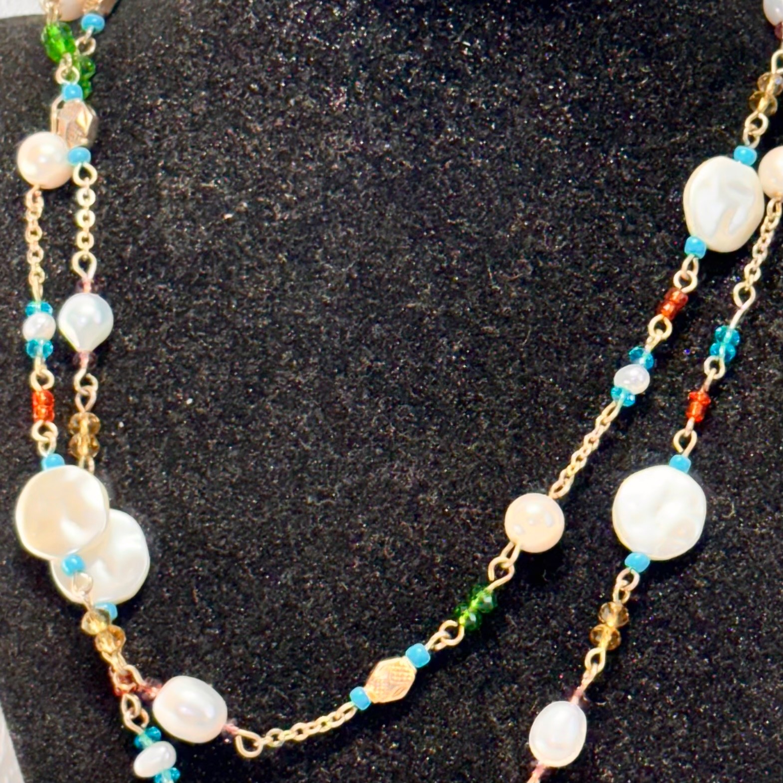 NECKLACE multicolor white acrylic beads real pearl goldtone metal chain long 36″